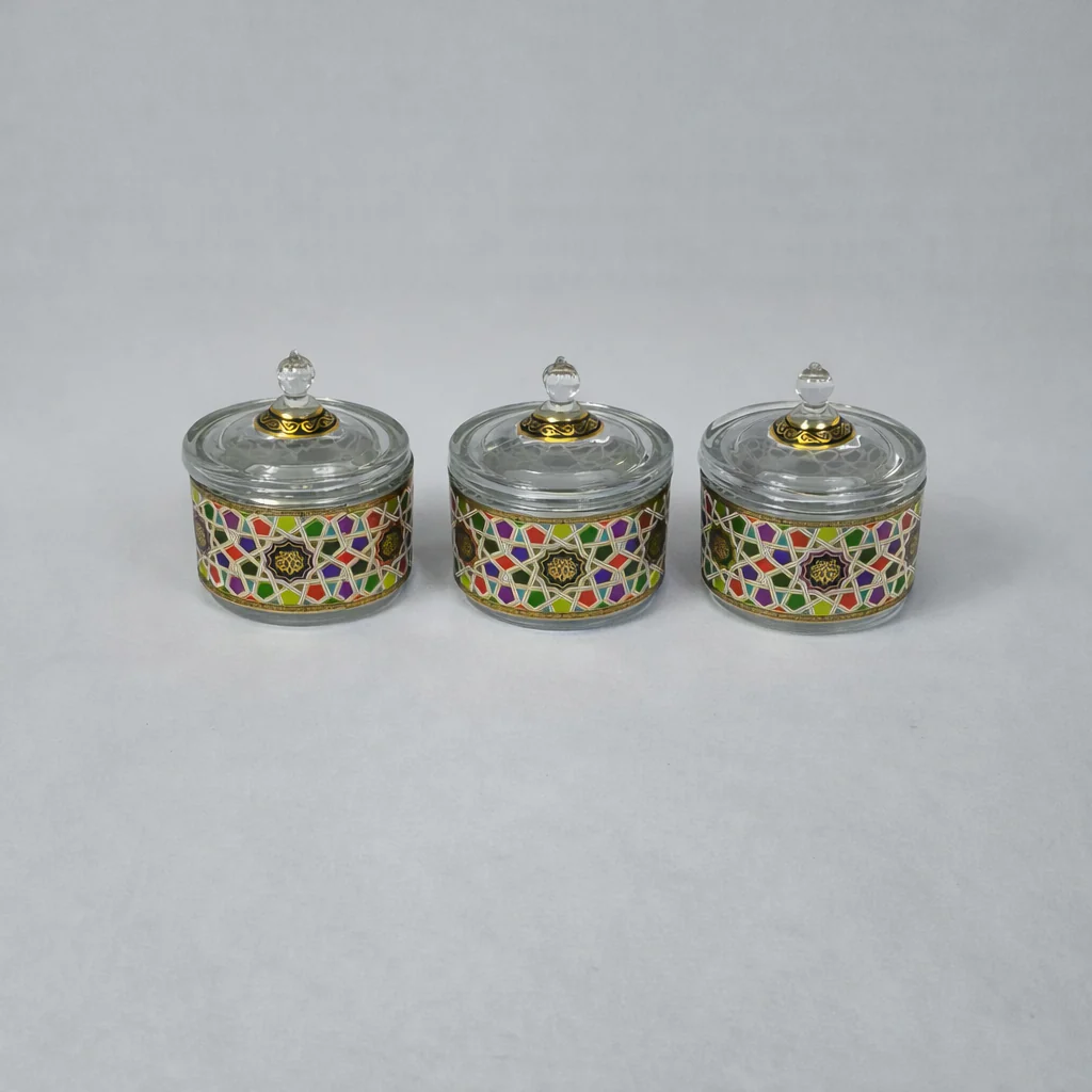 Set de 3 Frascos Decorativos de Vidrio con Diseño Geométrico y Detalles Dorados - Image 2
