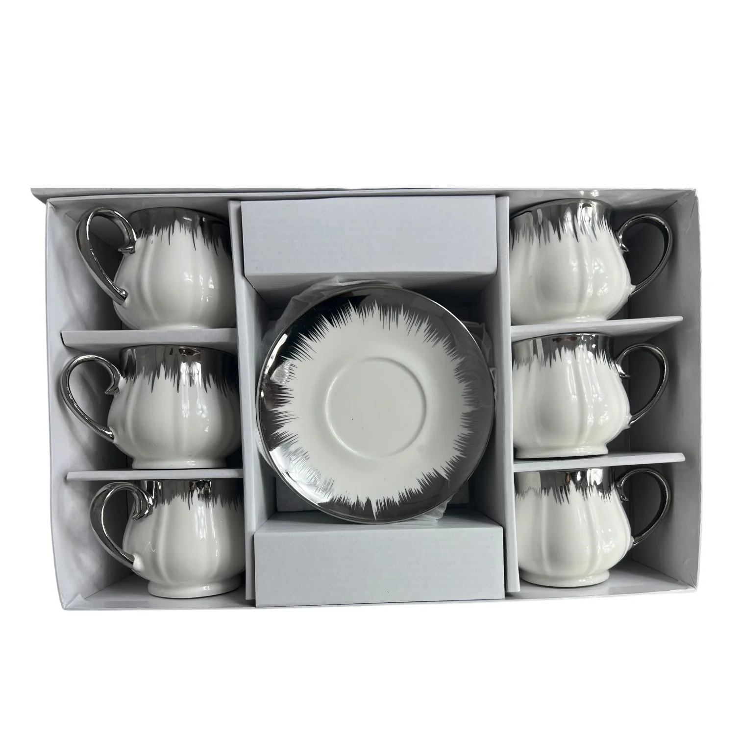 Set de 6 tazas de té de porcelana blanca con acabado plateado artístico - Image 2