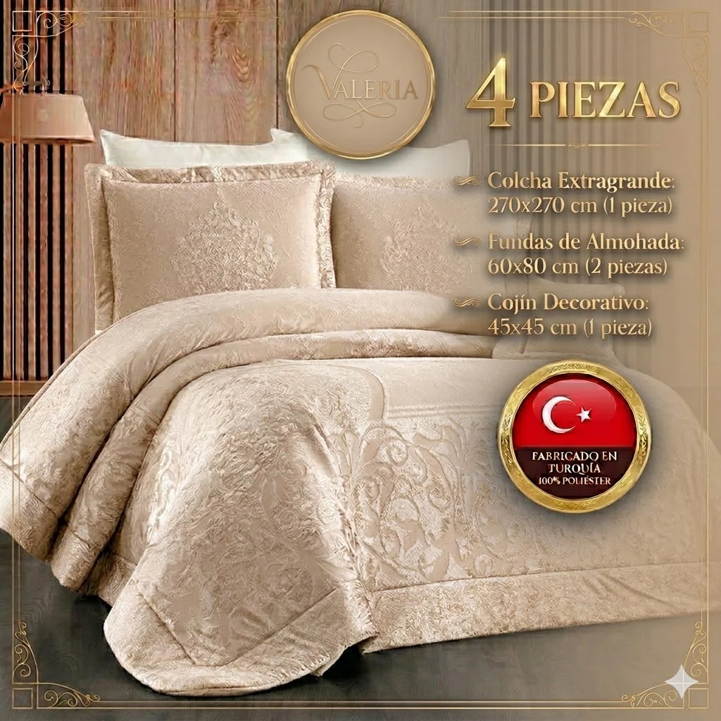 Valeria Cubrecama y Colcha – Elegancia y Confort, Juego de 4 Piezas (270x270 cm) - Color BEIGE