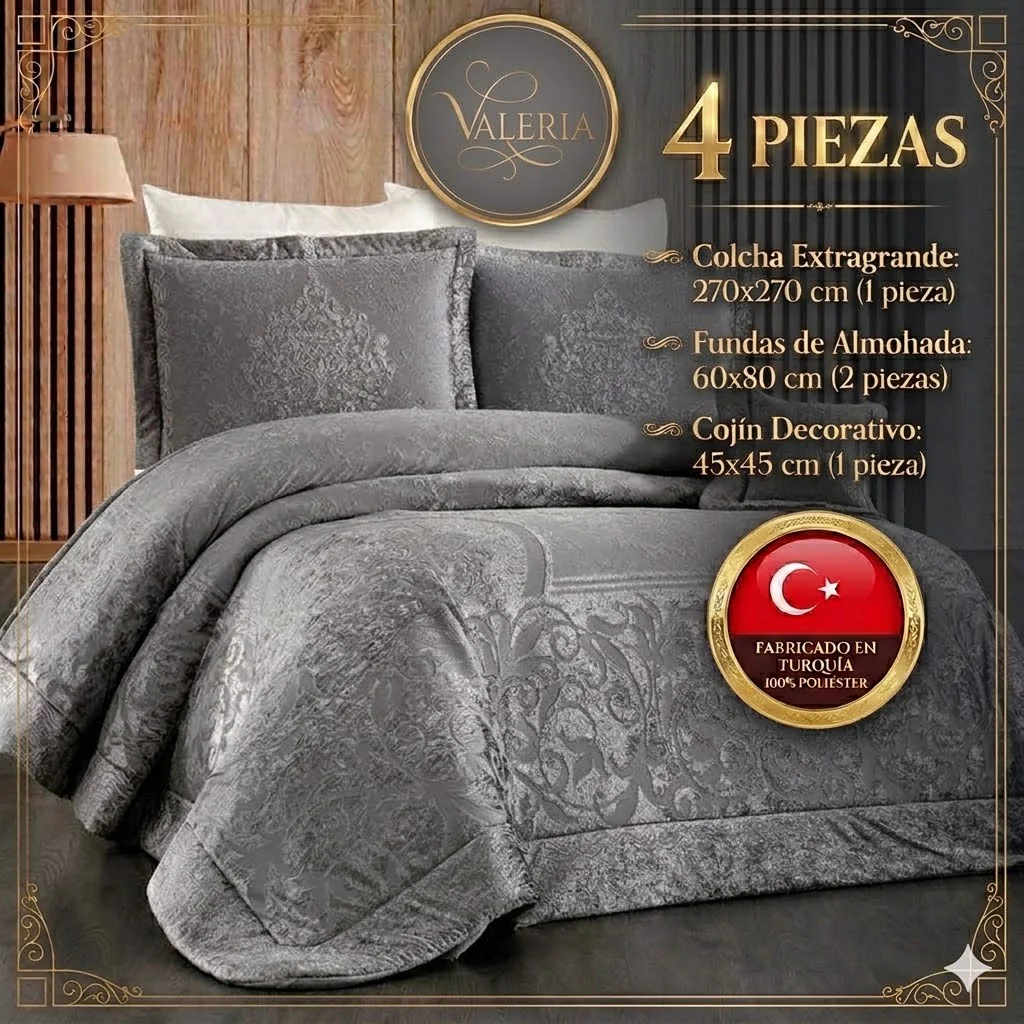 Valeria Cubrecama y Colcha – Elegancia y Confort, Juego de 4 Piezas (270x270 cm) - Color GRIS