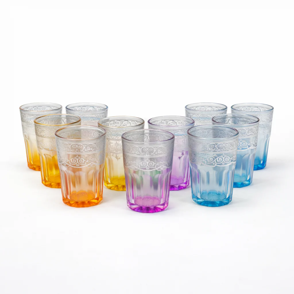 Set de 12 Vasos de Vidrio con Degradado de Colores y Diseño Floral