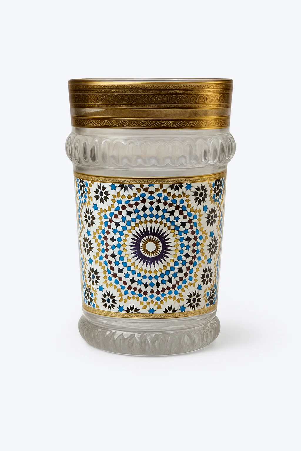 Vasos de Té Marroquí de Cristal Decorado (Azul/Dorado) | Borde Dorado