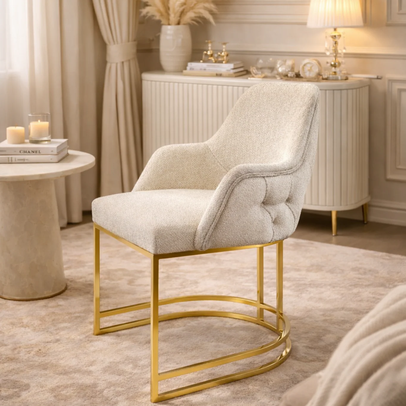 👑✨ Silla Viyana 02 en MARFIL / CREMA CLARITO con Base Dorada — Lujo Moderno ✨💛